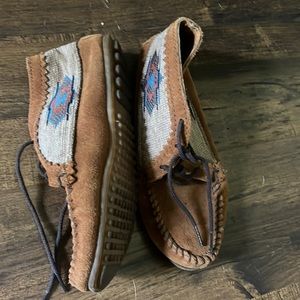Minnetonka moccasins brown tribal Native American shoes